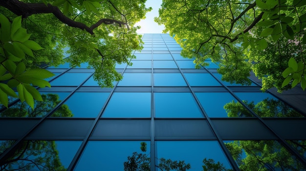 Go green concept Branches d'arbres verts avec des feuilles et bâtiments en verre durables dans la ville Bâtiment de bureaux avec un environnement vert pour réduire la chaleur et le dioxyde de carbone