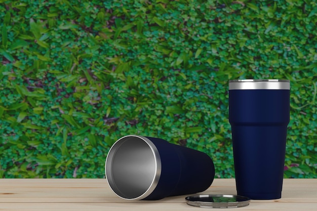 Gobelet thermos en acier inoxydable stockage de tasse froide avec fond de bokeh de feuille verte rendu 3d