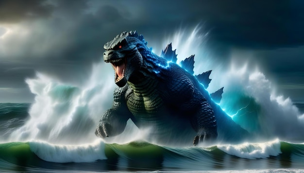 Un Godzilla géant émergeant de l'océan avec de la pluie et des éclairs en arrière-plan