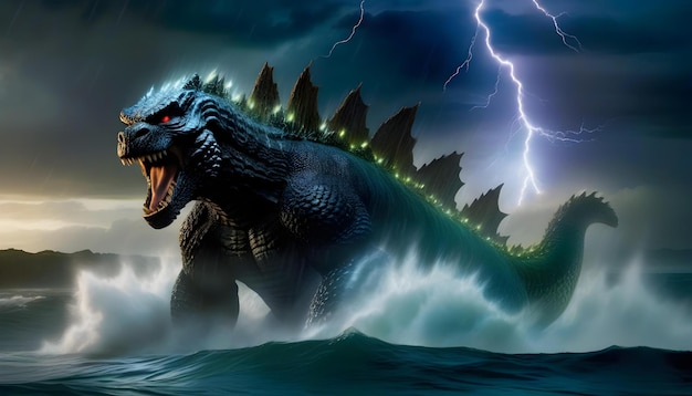 Un Godzilla géant émergeant de l'océan avec de la pluie et des éclairs en arrière-plan