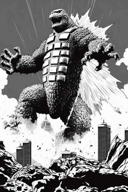 Godzilla Kong vole au-dessus d'une ville avec un énorme Godzilla générative ai