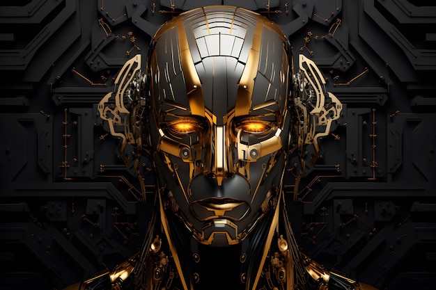 gold_robot_face_volant à travers un_industriel