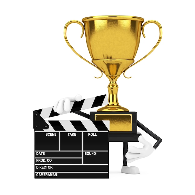 Golden Award Winner Trophy Mascot Personne Personnage avec Film Clapper Board sur fond blanc. Rendu 3D