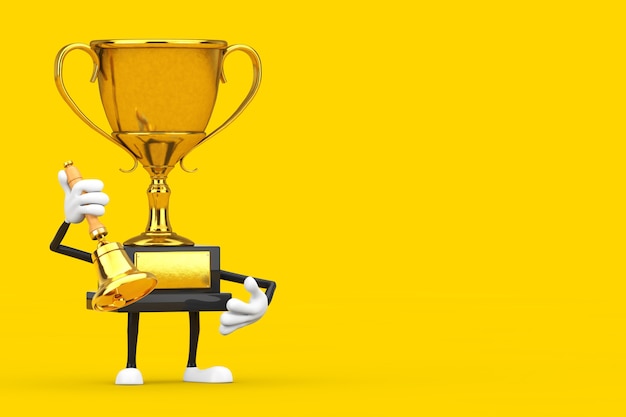 Golden Award Winner Trophy Mascot Personne Personnage avec Vintage Golden School Bell sur fond jaune. Rendu 3D