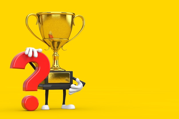 Photo golden award winner trophy person character mascot avec signe de point d'interrogation rouge sur fond jaune. rendu 3d