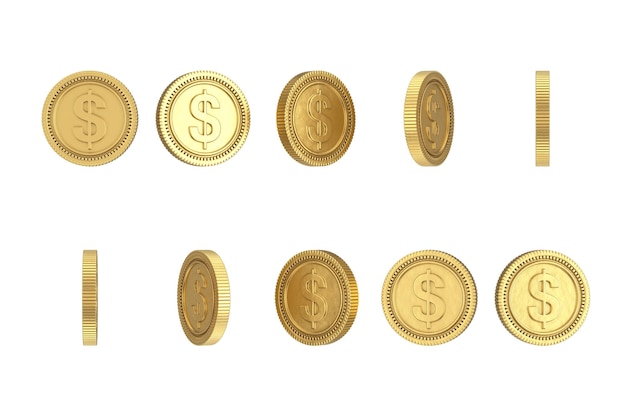 Golden Cartoon Dollar Coin dans une position différente sur un fond blanc rendu 3d