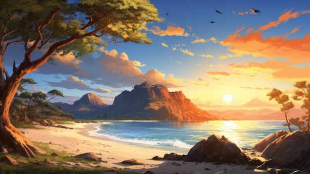 Photo golden hour beach peinture naturalisme immaculé dans le style d'art de jeu 2d