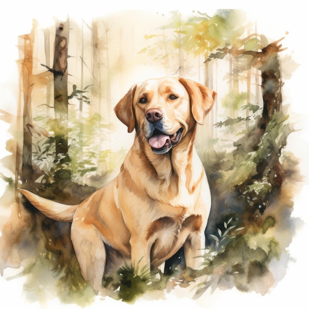 Golden Lab Serenity dans les bois Une peinture à l'aquarelle à l'heure d'or