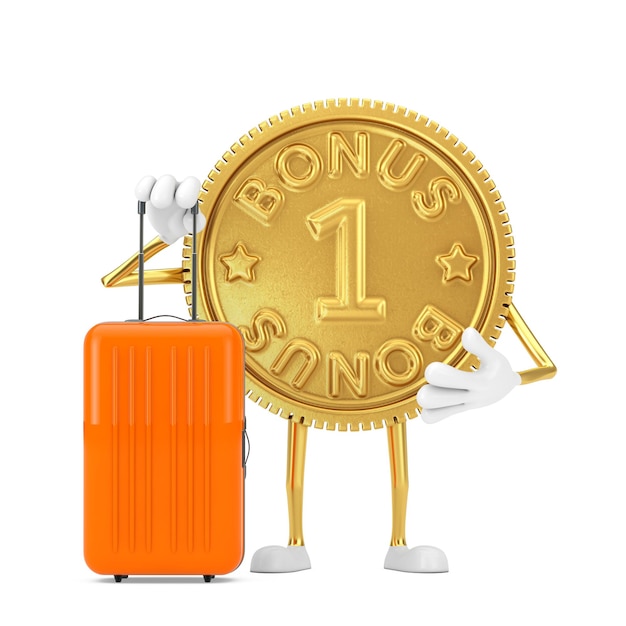 Golden Loyalty Program Bonus Coin Person Personnage Mascotte avec valise de voyage orange sur fond blanc. Rendu 3D