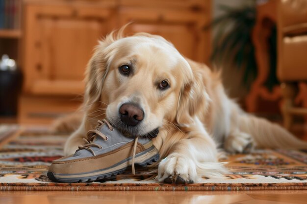 Un golden retriever allongé sur un tapis avec une chaussure dans la bouche.