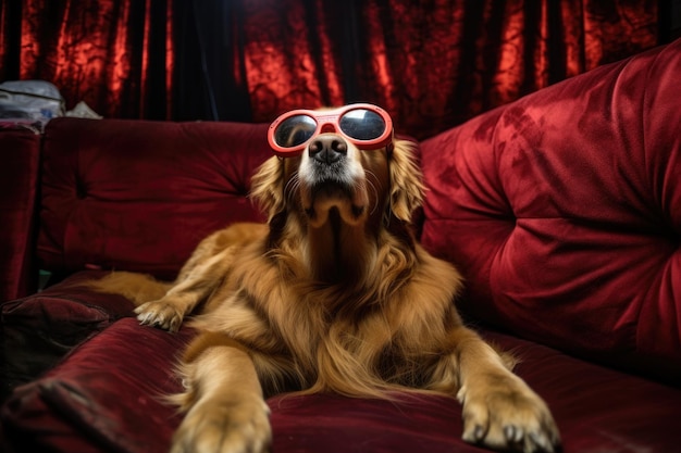 Un golden retriever assis sur un canapé avec des lunettes sur la tête.