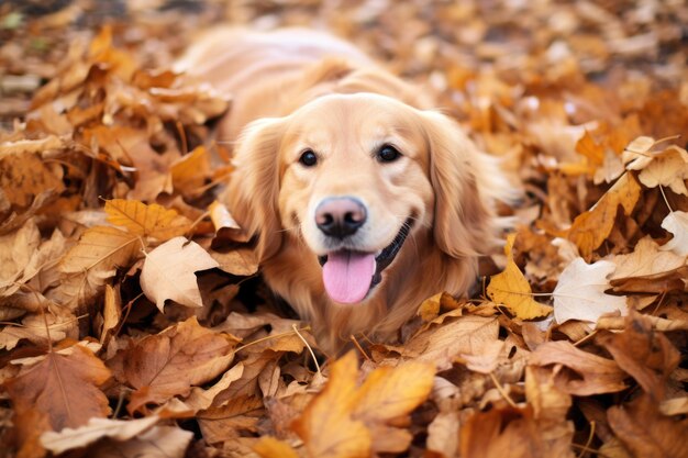 Un golden retriever couché dans les feuilles d'automne Conception de l'animal de compagnie et de la saison de l'automne