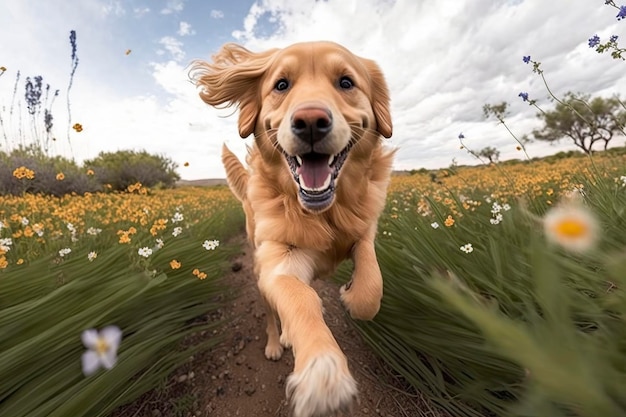 Un golden retriever courant dans un champ AI générative