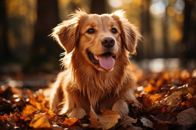 Golden retriever dans le feuillage d'automne doré