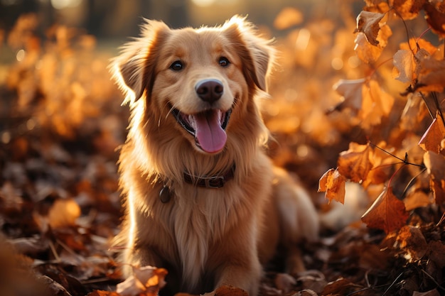 Golden retriever dans le feuillage d'automne doré