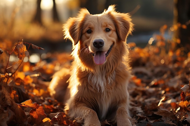 Golden retriever dans le feuillage d'automne doré