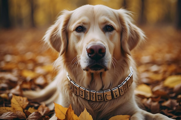 Un golden retriever dans le parc d'automne Un golden retriever porte un bracelet d'argent