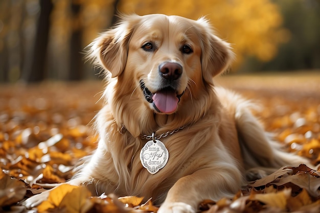 Un golden retriever dans le parc d'automne Un golden retriever porte un bracelet d'argent