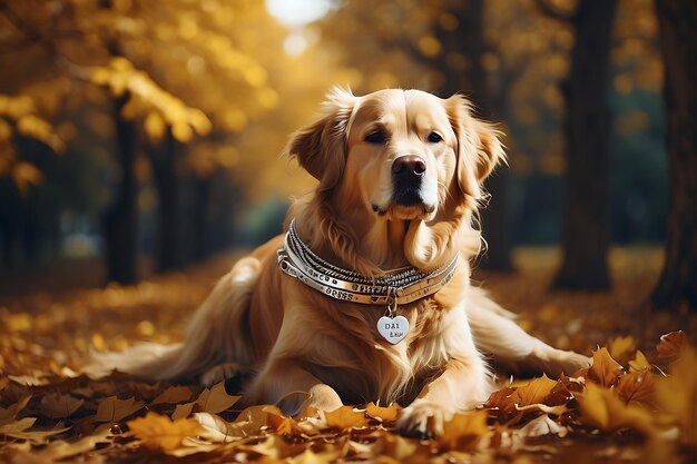 Un golden retriever dans le parc d'automne Un golden retriever porte un bracelet d'argent