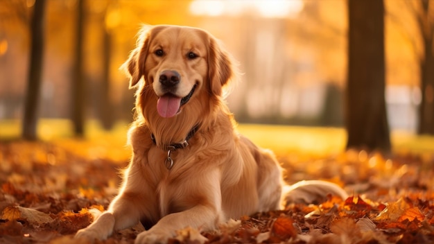 Un golden retriever dans le parc d'automne