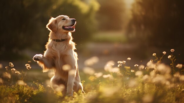 Photo un golden retriever dansant au soleil