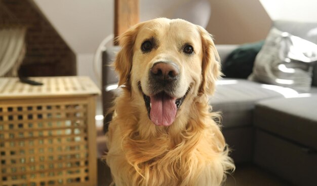 Golden retriever dog with tonque out sitting and loooking in different directions at home Doggy animal de race pure portrait intérieur