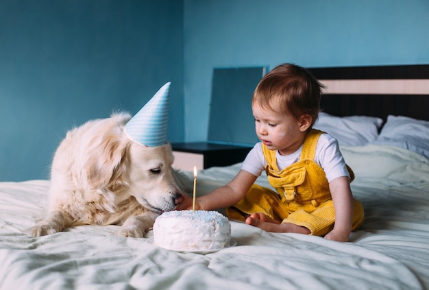 Golden retriever du Labrador avec un petit enfant mignon fête son anniversaire