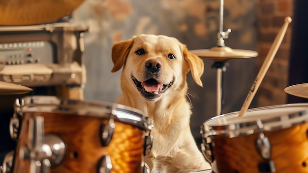 Photo un golden retriever est assis derrière une batterie et sourit à la caméra.