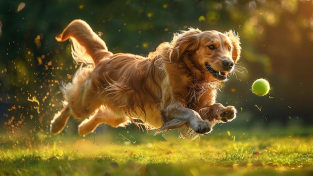 Photo un golden retriever exubérant attrape une balle de tennis