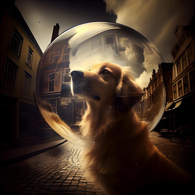 Photo golden retriever à l'intérieur d'une boule de cristal avec une ville en arrière-plan