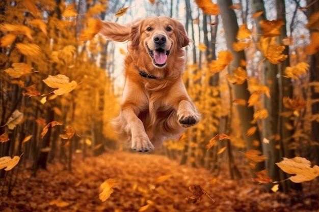 Un golden retriever jouant dans les feuilles d'automne et les bois Generative AI