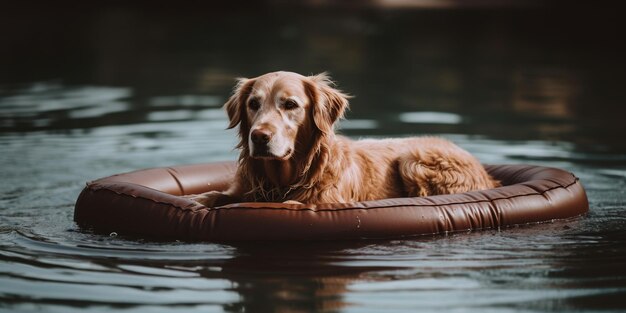 Un golden retriever nage dans l'eau sur un matelas à cercle gonflable