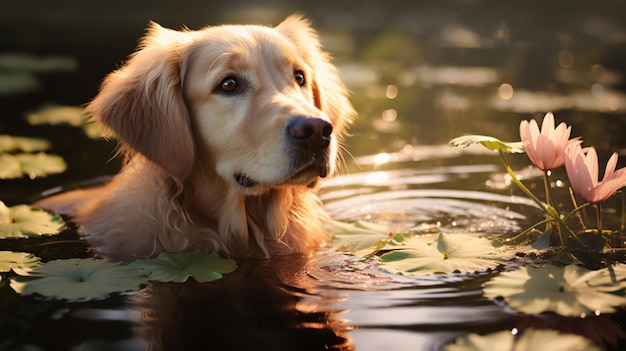 Golden retriever nageant dans un étang de lotus canin, image de l'eau, art généré par AI