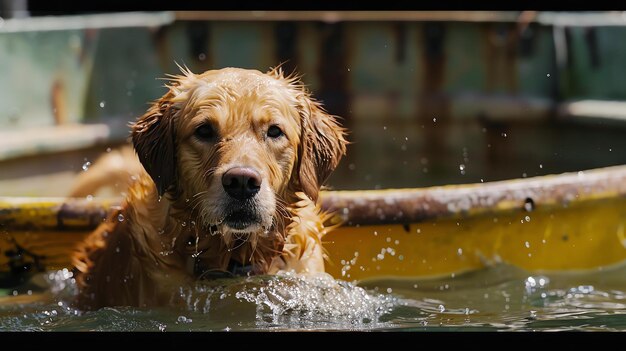 Un golden retriever nageant dans un lac par une journée ensoleillée