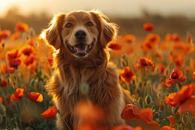 Golden Retriever parmi les fleurs de pavot orange Produits de soins pour animaux de compagnie Services vétérinaires Bien-être des animaux org