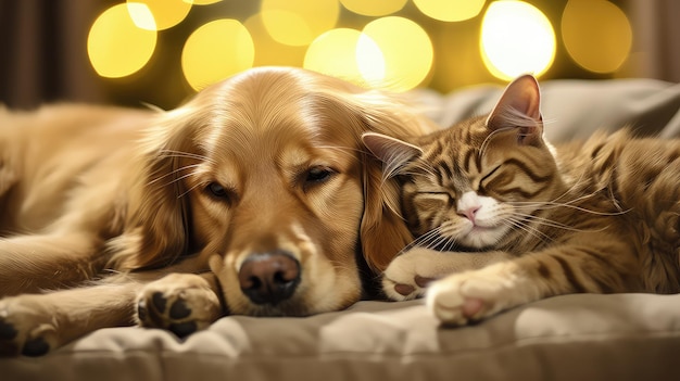 Un golden retriever en peluche et un chat