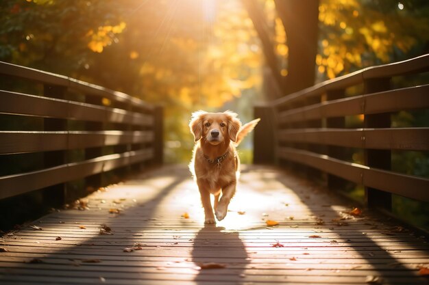 Golden Retriever sur un pont en bois rustique