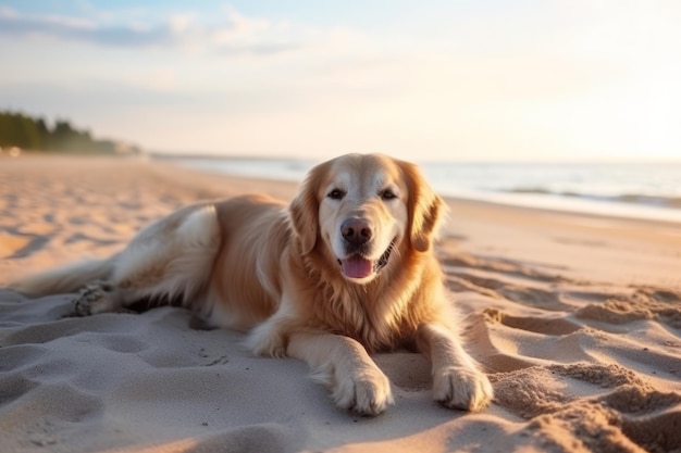 Un golden retriever portant sur une plage