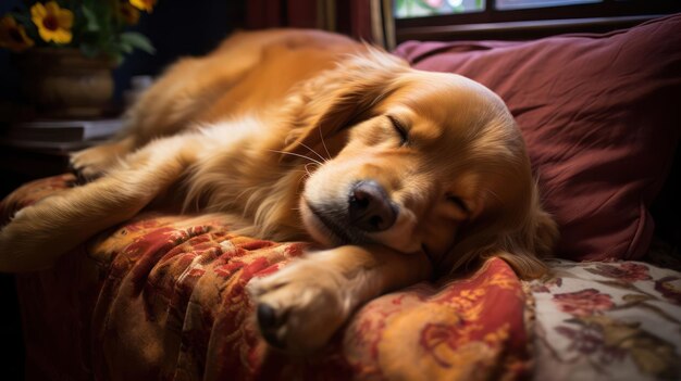 Un golden retriever qui dort paisiblement sur un canapé confortable.