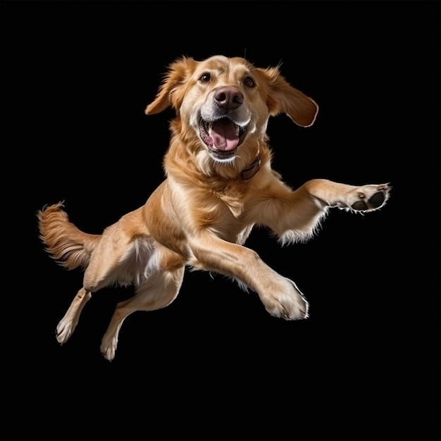 Un Golden Retriever sautant en l'air sur un fond noir