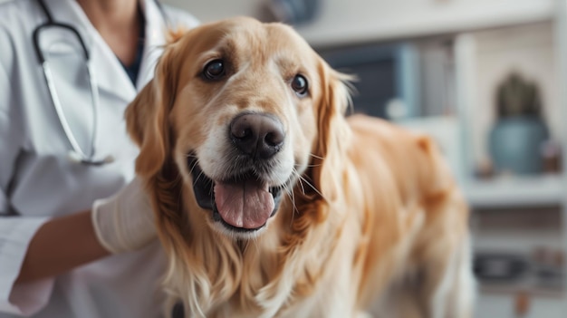 Un golden retriever souriant est examiné par un vétérinaire.