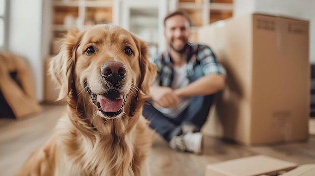 Golden Retriever souriant avec son propriétaire pendant le jour du déménagement Style de vie décontracté et compagnie d'animal dans une nouvelle maison Chien joyeux au premier plan AI