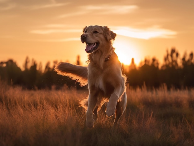 Un golden retriever traverse un champ au coucher du soleil.