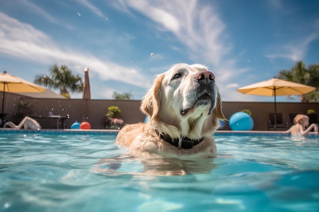 Un Golden Retriever très heureux nageant avec son flotteur préféré dans la piscine familiale par une chaude journée ensoleillée en Australie Generative AI