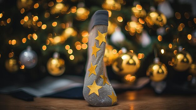 Golden Starlight CloseUp Arbre de Noël avec des étoiles étincelantes et une guirlande moelleuse