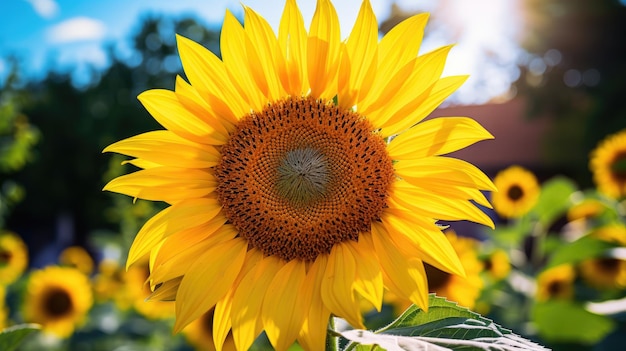 Golden Sunflower Beauty Une vue rapprochée d'un tournesol en fleur mettant en valeur les pétales jaunes vibrants et la beauté naturelle de cet aliment de base de la ferme rurale