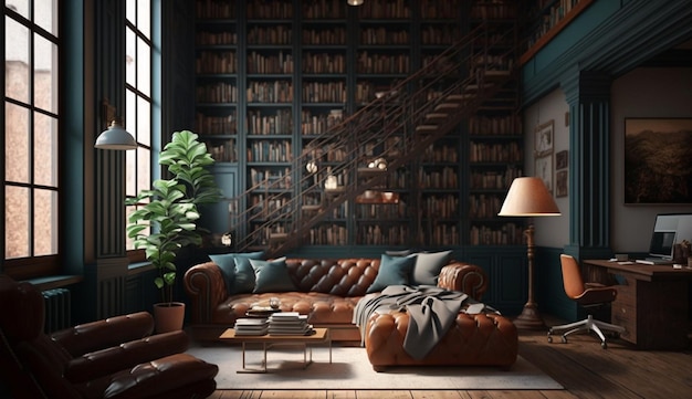 GoldenLady_photo_of_modern_masculine_library_natural_lighting