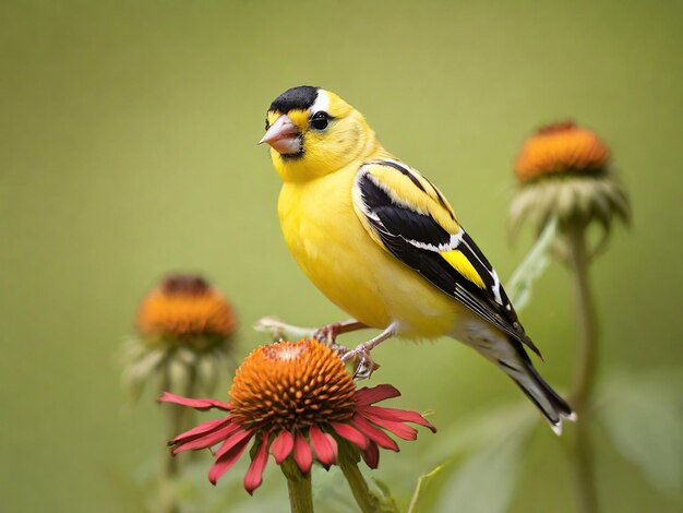 Le goldfinch perché sur une conifère