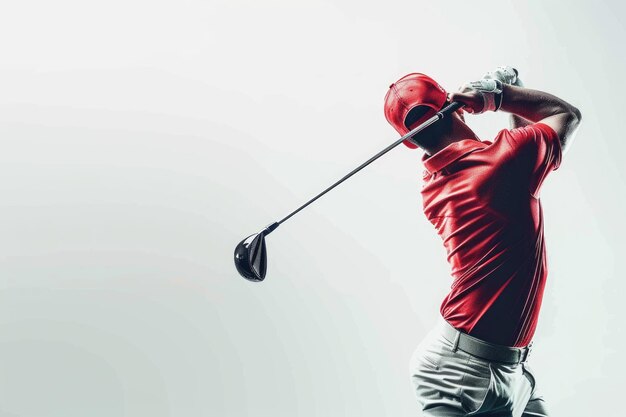 Photo un golfeur en chemise rouge se balance sur un fond blanc