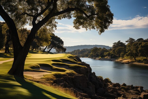 Un golfeur dans un scénario épique lance la balle au-dessus de l'IA générative du lac et du château